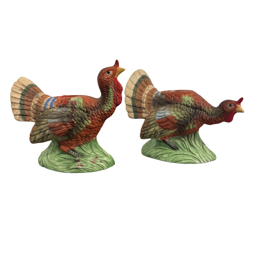 Vintage 1986 WNS Ceramic Turkey Taper Candle Holder Set of 2 Thanksgiving Decor